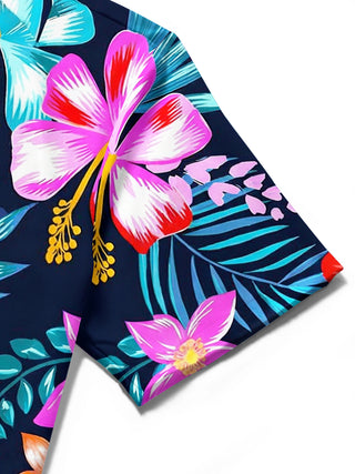 Men's Hawaiian floral short sleeve shirt close-up detail view
