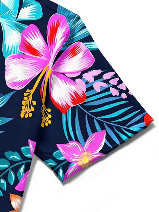 Men's Hawaiian floral short sleeve shirt close-up detail view