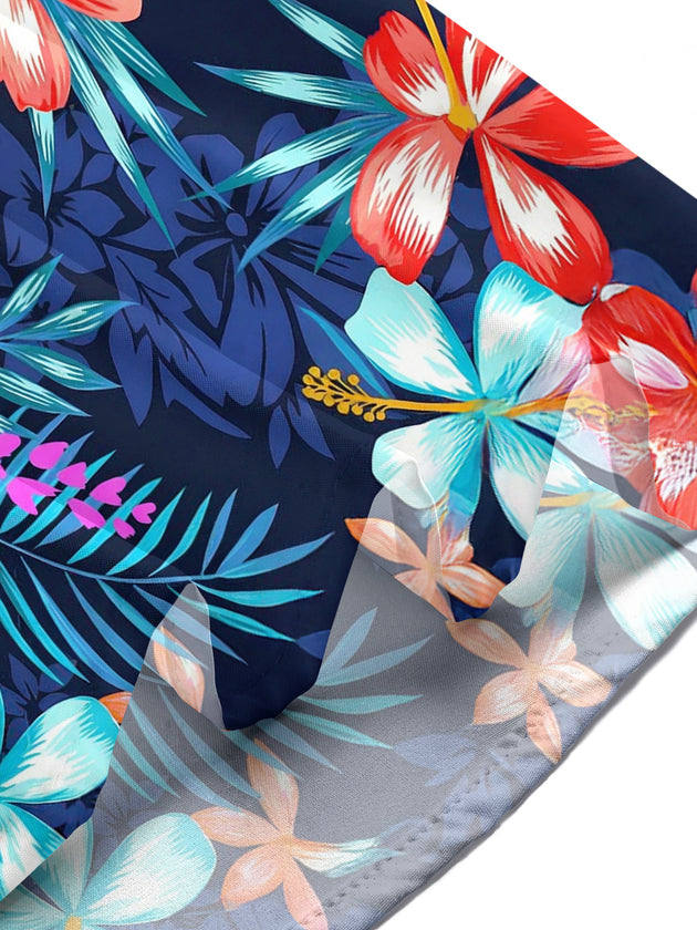 Men's Hawaiian floral short sleeve shirt lifestyle photo on tropical beach vacation