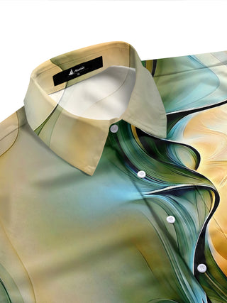 Men's abstract print short sleeve shirt side view with flowing curves