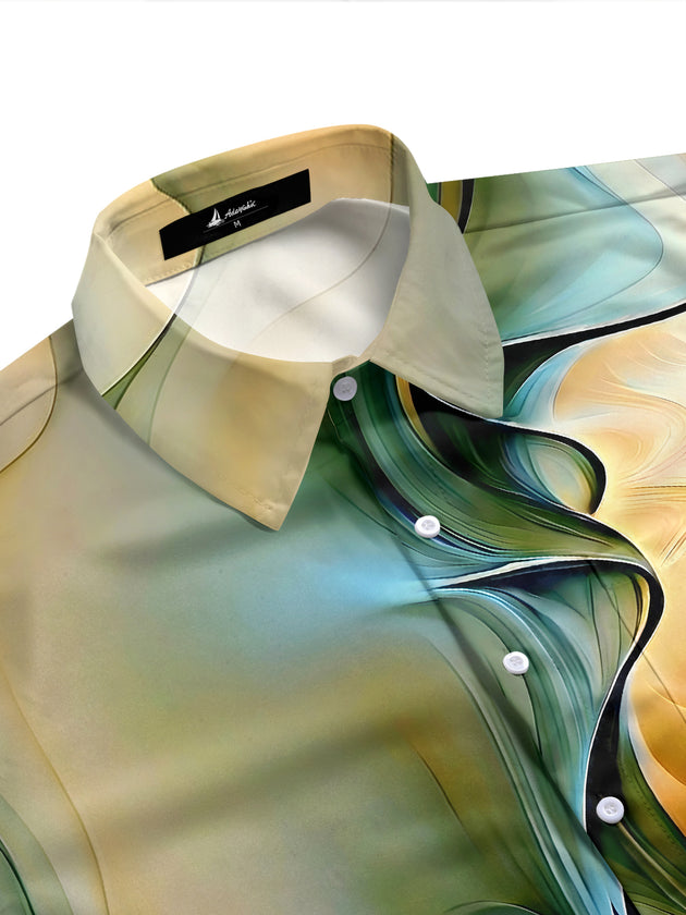 Men's abstract print short sleeve shirt side view with flowing curves
