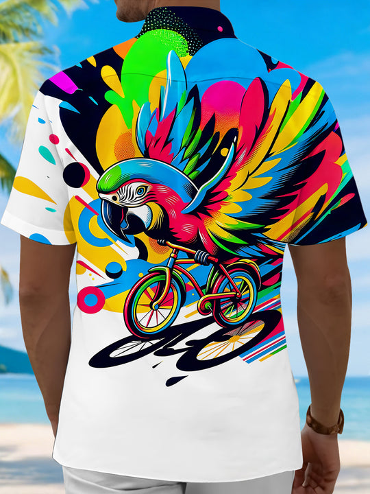 Men's vibrant parrot Hawaiian short sleeve shirt back view