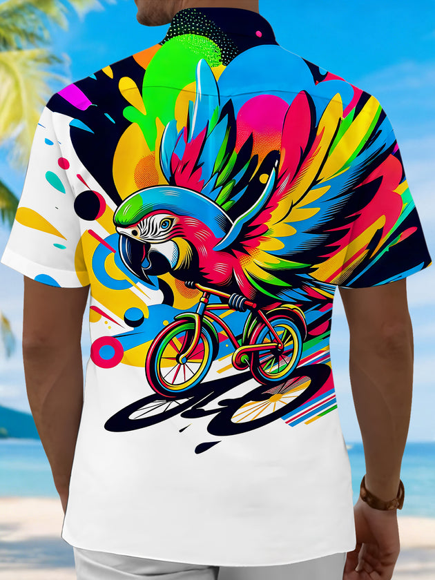 Men's vibrant parrot Hawaiian short sleeve shirt back view