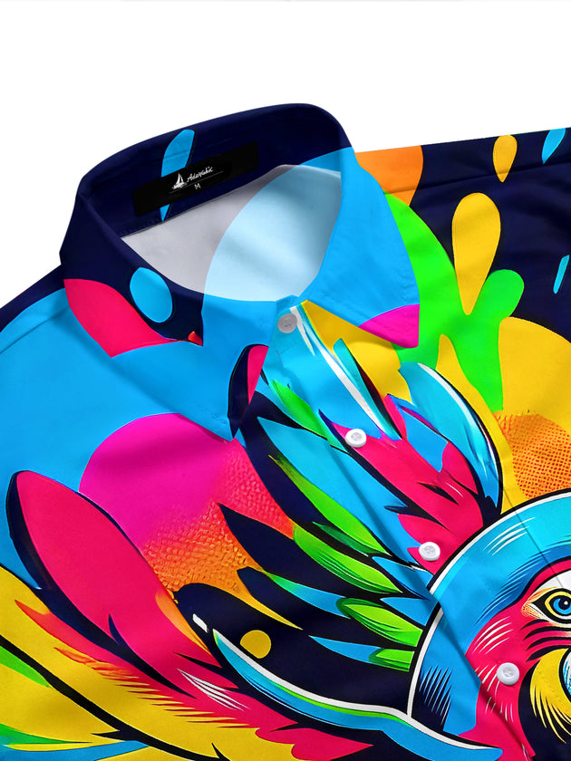 Men's bright tropical parrot print short sleeve shirt side view