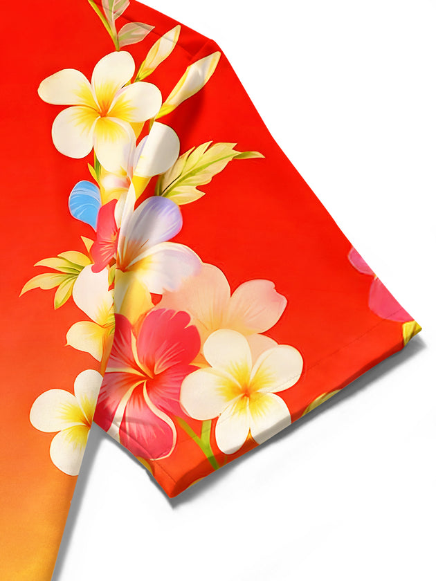 Men's gradient tropical plumeria floral short sleeve shirt close-up detail of fabric texture