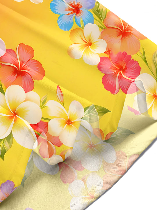 Men in gradient Hawaiian plumeria floral short sleeve shirt tropical beach vacation lifestyle