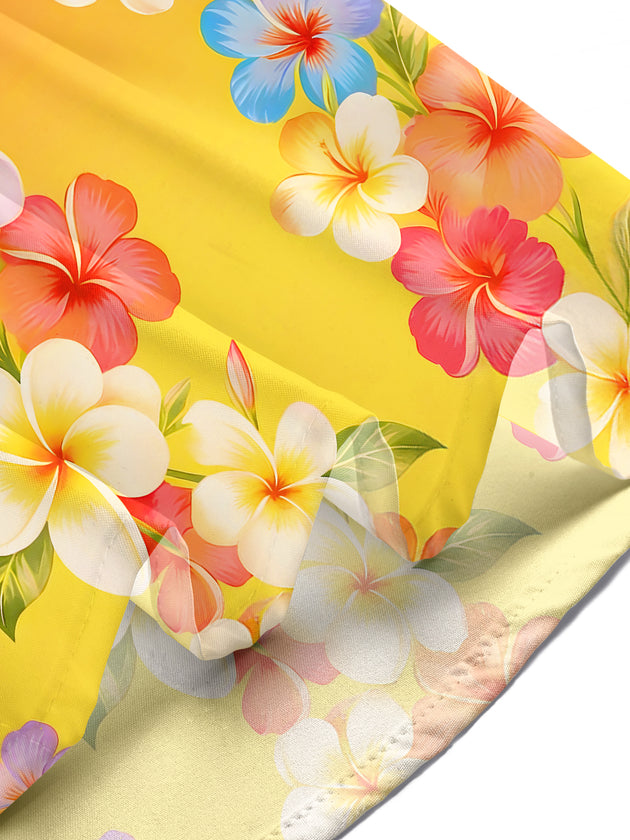 Men in gradient Hawaiian plumeria floral short sleeve shirt tropical beach vacation lifestyle
