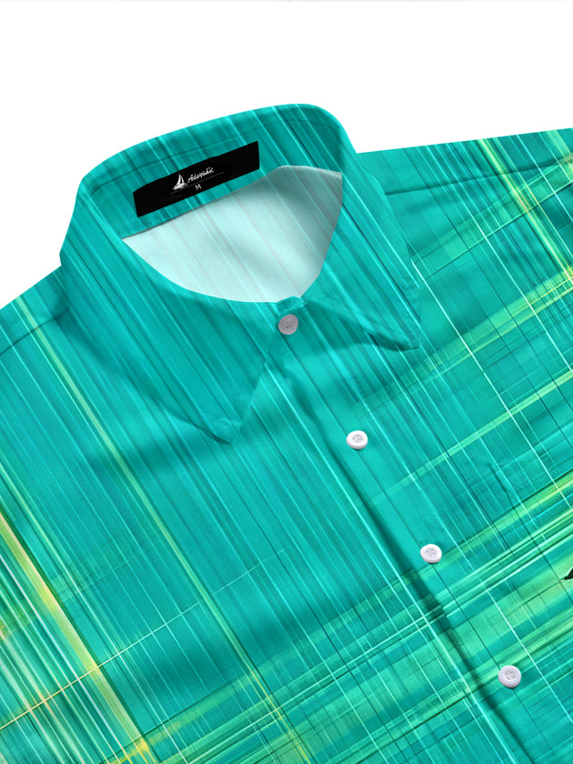 Men's tropical aloha shirt with coconut tree print, side view