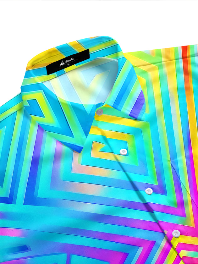 Men's vibrant multicolor geometric print short sleeve shirt side view