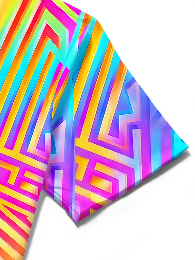 Men's colorful geometric maze pattern short sleeve shirt close-up detail