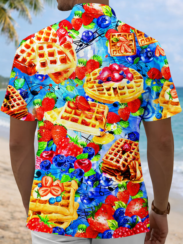 Men blue Hawaiian short sleeve shirt back view