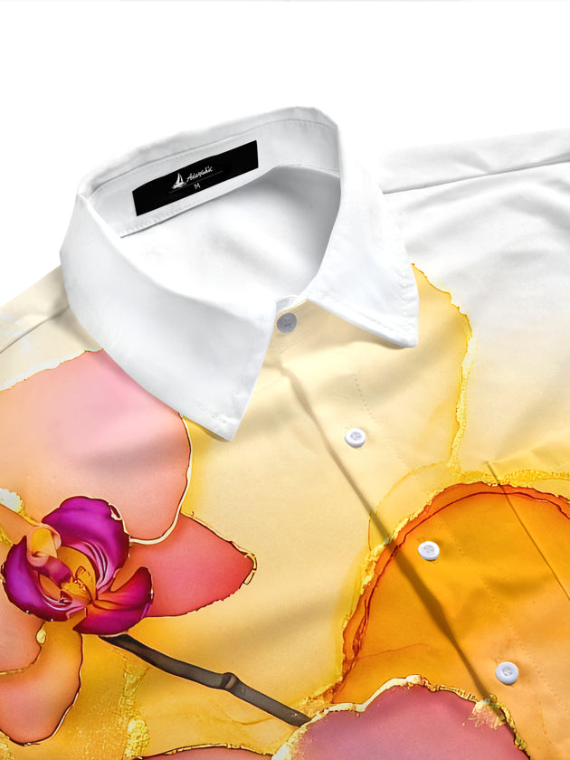 Men's short sleeve botanical print shirt side view