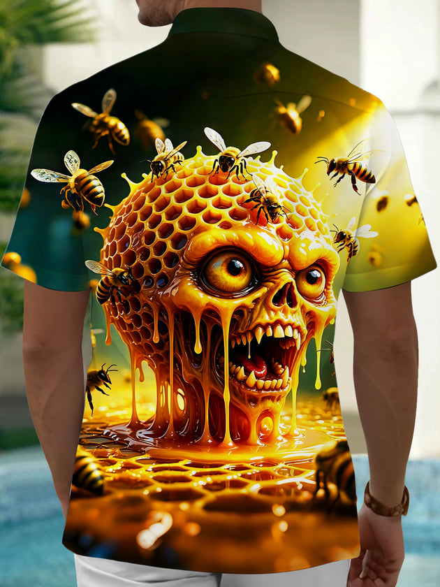 Men's golden honeycomb bee swarm skull print short sleeve shirt back view
