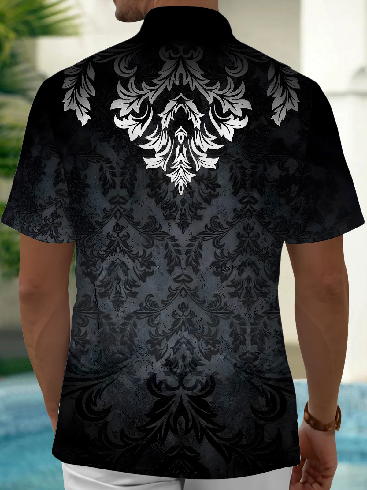 Men's black floral short sleeve shirt back view
