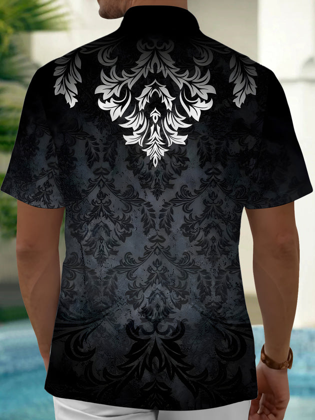 Men's black floral short sleeve shirt back view