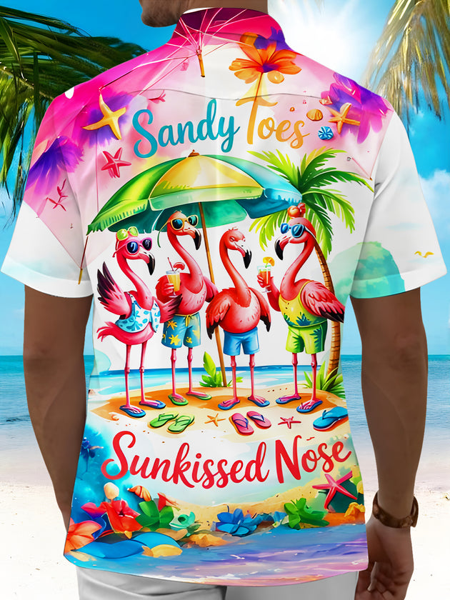 Men's Hawaiian flamingo pocket short sleeve shirt back view