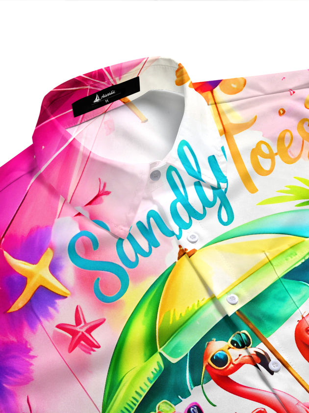 Men's tropical aloha pocket shirt with flamingo print and short sleeves, side view