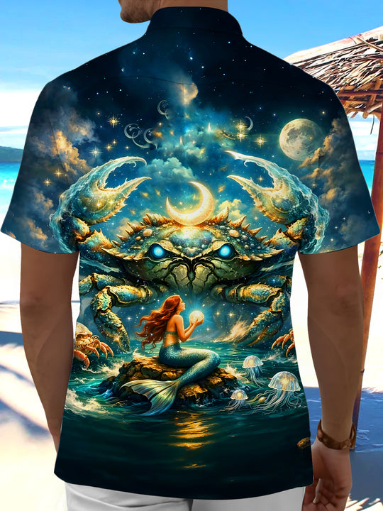 Men's dark mermaid and crab pattern pocket short sleeve shirt back view