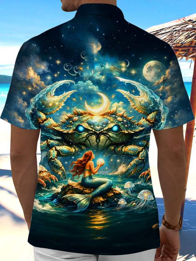 Men's dark mermaid and crab pattern pocket short sleeve shirt back view