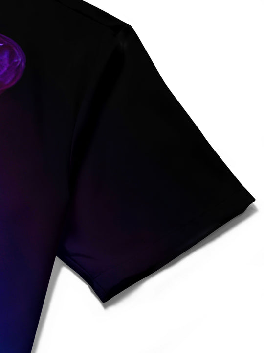 Close-up detail of men's purple smoke skull print short sleeve shirt fabric texture