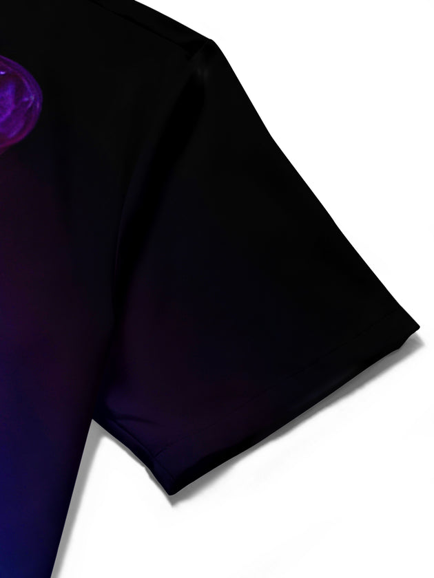 Close-up detail of men's purple smoke skull print short sleeve shirt fabric texture