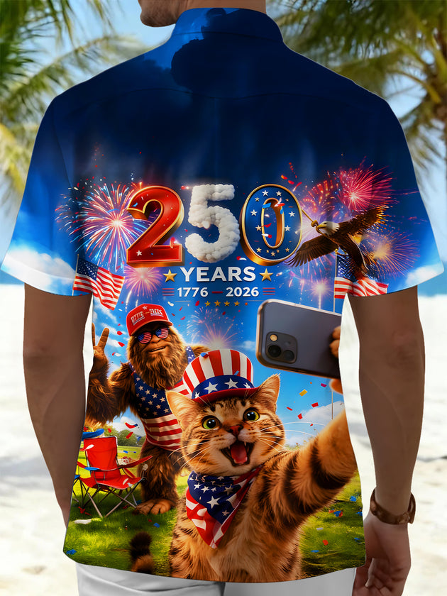 Men's back view short sleeve shirt with Cat & Bigfoot selfie print