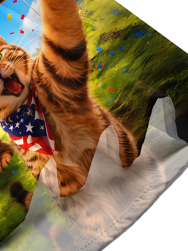 Men's short sleeve shirt with Cat & Bigfoot selfie print lifestyle photo Independence Day