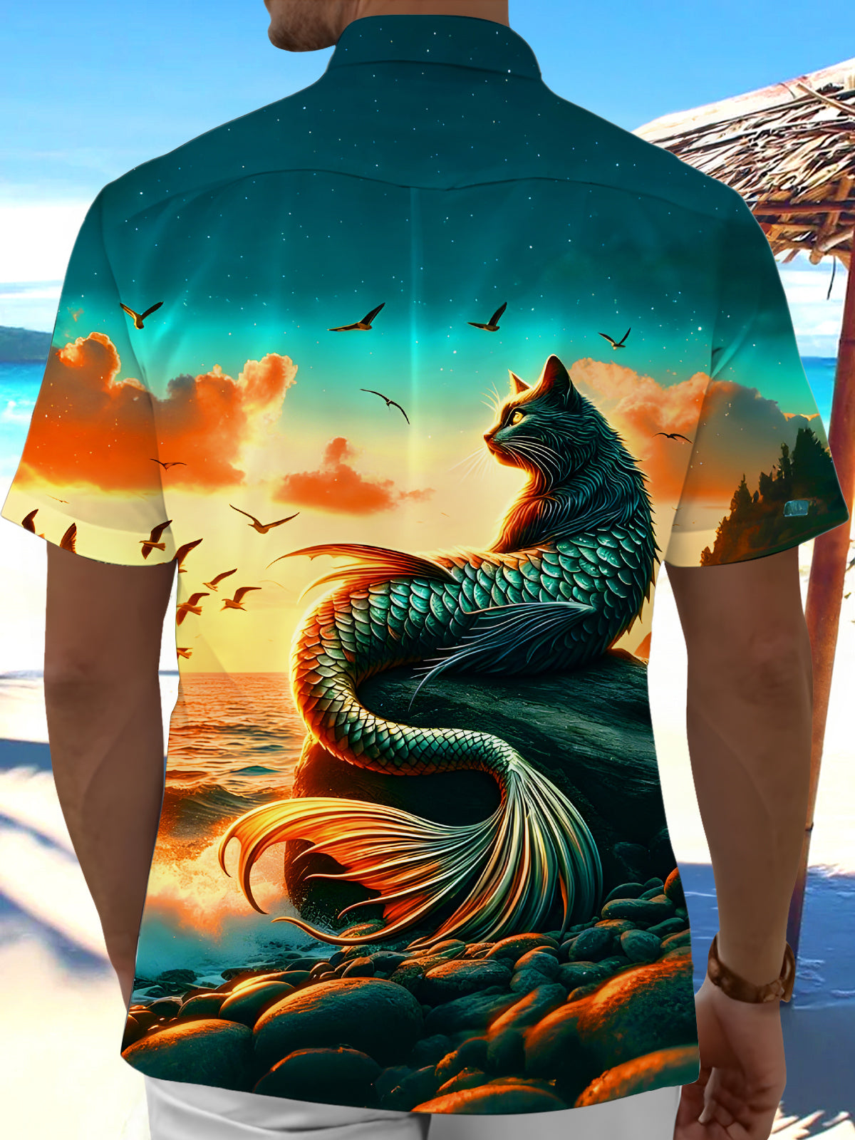 men's kitten pattern shirt back view