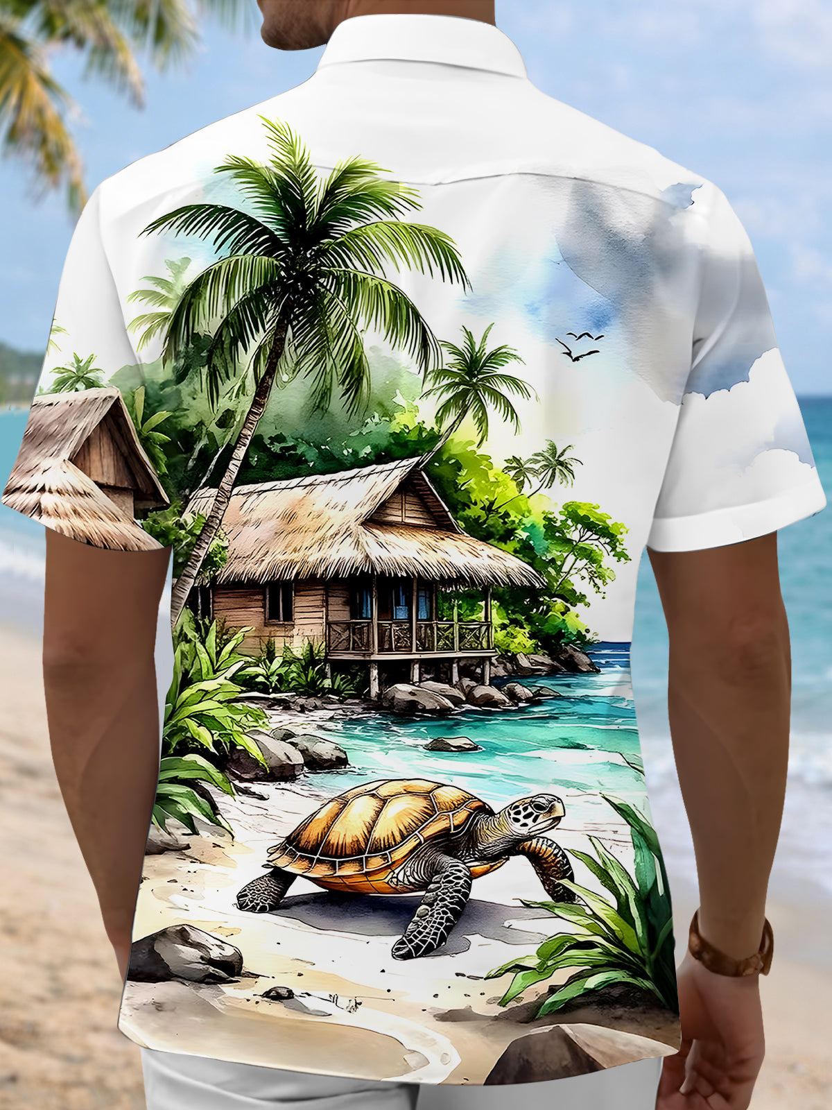 Men's Hawaiian coconut tree turtle pocket short sleeve shirt back view