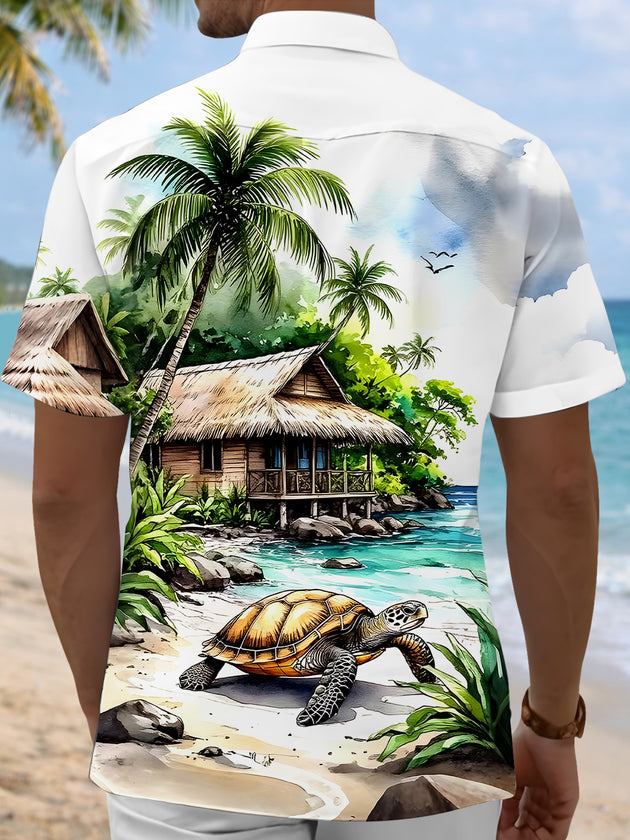 Men's Hawaiian coconut tree turtle pocket short sleeve shirt back view