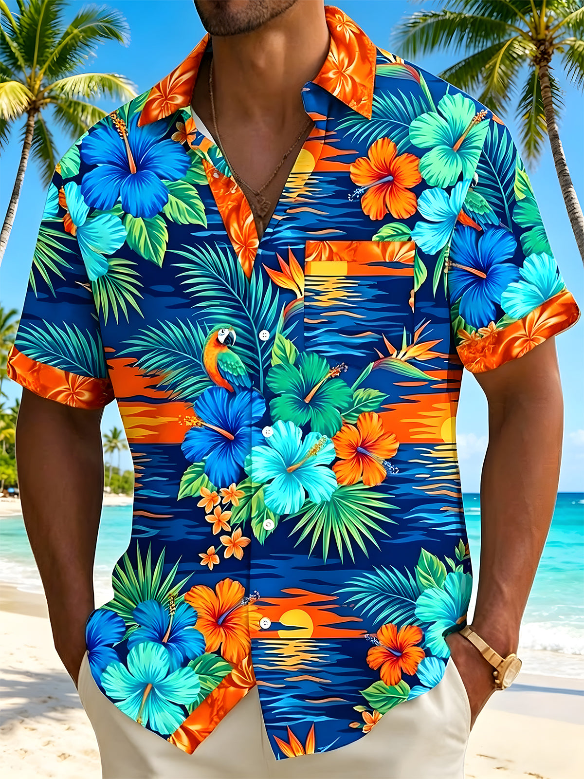 men's Hawaiian shirt front view tropical beach vacation