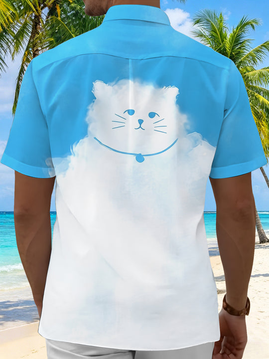 men's blue kitten pattern shirt back view