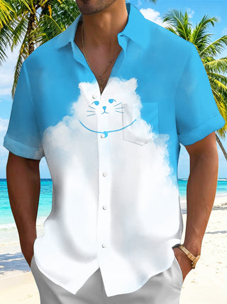 men's blue cat print shirt front view