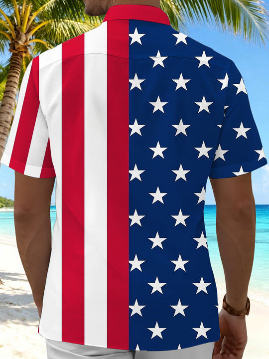 Men's red white blue American flag print short sleeve shirt back view