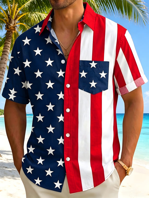 Men's American flag print short sleeve pocket shirt front view Independence Day