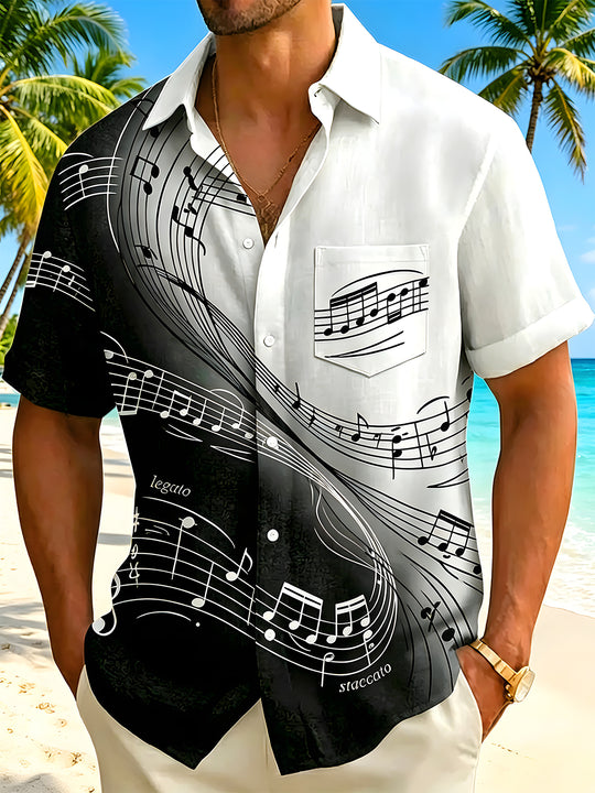 Men black white music note print short sleeve shirt front view