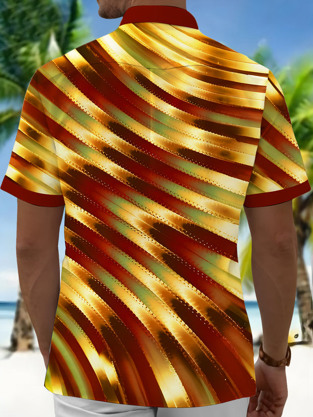 Men's red short sleeve shirt back view with gold metallic swirl pattern