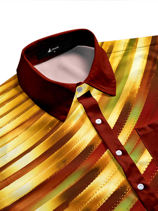 Men's red short sleeve shirt with gold metallic swirl pattern, side view