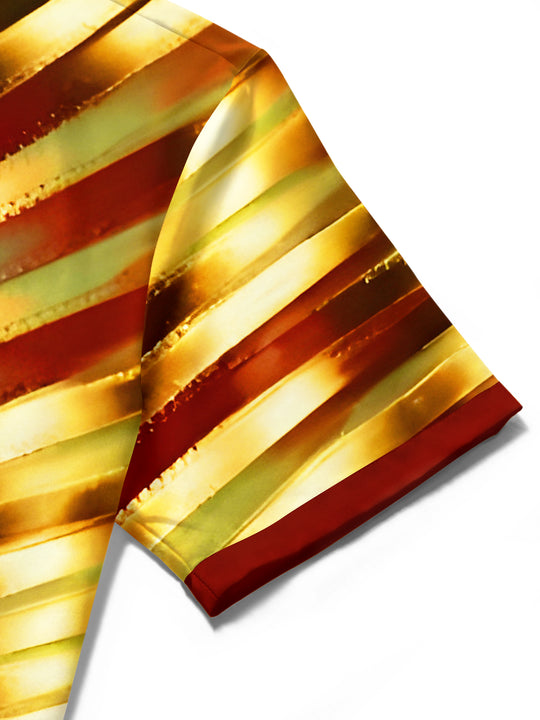 Men's red short sleeve shirt close-up detail of gold metallic swirl pattern