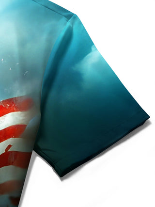 men's American flag print shirt close-up short sleeve