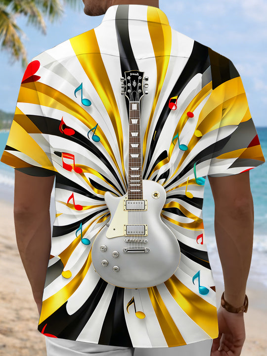 Men's black short sleeve shirt back view with dynamic music note and guitar print