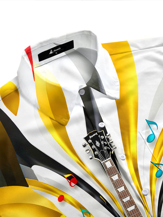 Men's short sleeve shirt side view featuring guitar and music note art print