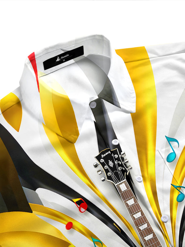 Men's short sleeve shirt side view featuring guitar and music note art print