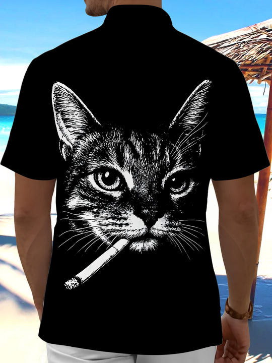 Men's cat print pocket short sleeve shirt back view