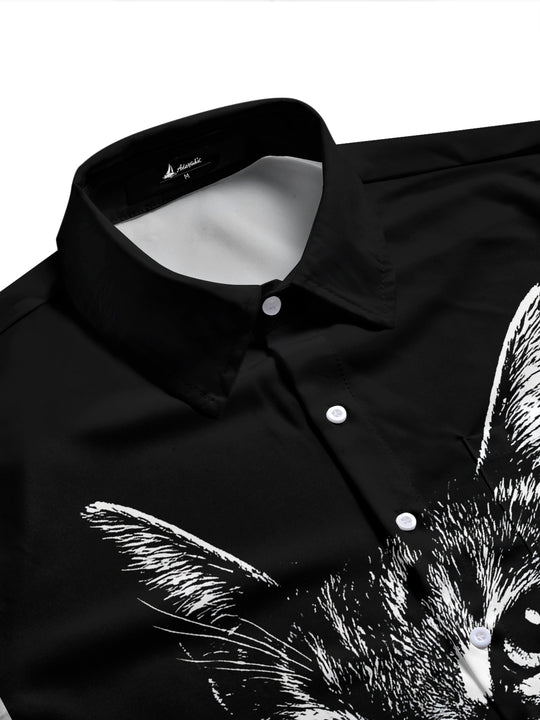 Men's cat print pocket short sleeve shirt side view with half sleeve