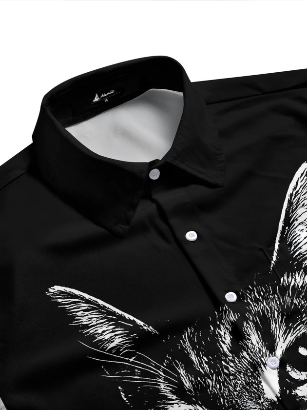 Men's cat print pocket short sleeve shirt side view with half sleeve