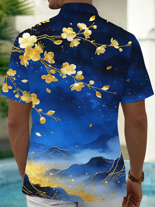 Men's Art Golden Cherry Blossom Landscape short sleeve shirt back view