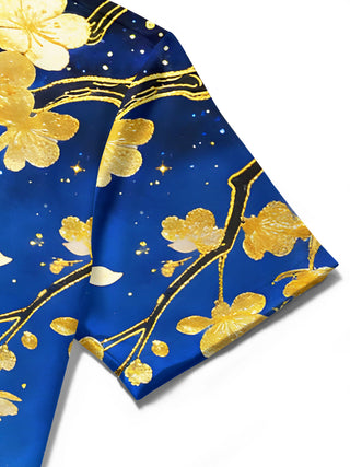 Men's Art Golden Cherry Blossom Landscape short sleeve shirt close-up detail