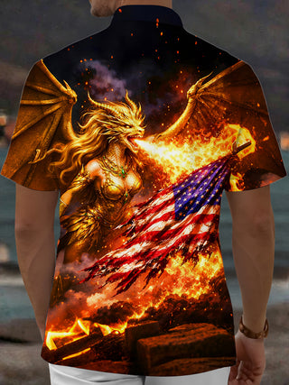 Men's dragon and American flag print pocket short sleeve shirt back view