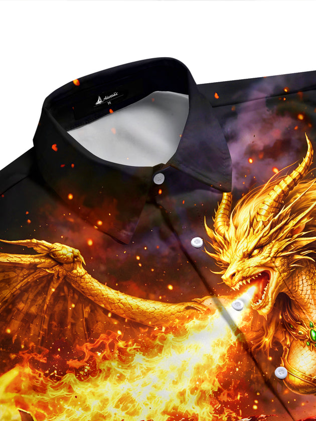 Men's short sleeve shirt with dragon print and American flag pattern, side view